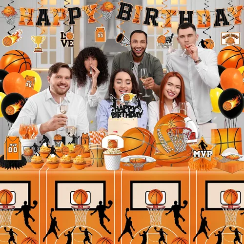 Miniatura 3 de Decoraciones de fiesta de baloncesto, 206 decoraciones de cumpleaños de baloncesto incluyen platos y servilletas, vasos, mantel, pancarta, remolinos