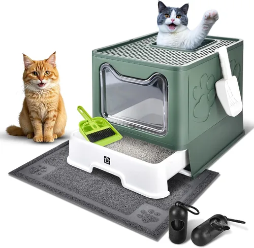 Miniatura 14 de Caja de arena cubierta para gatos con alfombrilla de arena, plegable, extra grande, puerta ajustable de doble entrada, diseño de cajón, caja de Azul