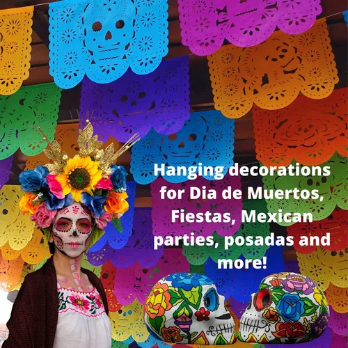 Miniatura 8 de Cartel de papel picado Dia de Los Muertos, guirnaldas de papel de seda del Día de los Muertos, decoraciones de fiesta mexicana, paquete de 5 83