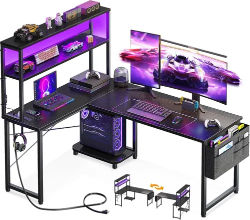 AODK Escritorio en forma de L para juegos con luz LED y toma de corriente, mesa de computadora reversible en forma de L de 53 pulgadas con estante y