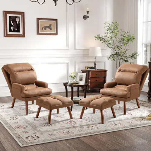 Miniatura 8 de CANMOV Silla decorativa moderna con otomana, sillón de tela suave con respaldo ajustable y bolsillos laterales, cómoda silla de descanso para sala