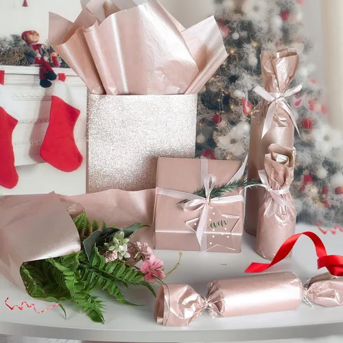 Miniatura 7 de UNIQOOO 100 hojas de papel de seda metálico premium oro rosa champán dorado a granel, papel de regalo para envolver regalos reciclable, accesorio