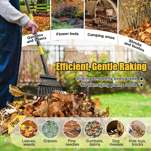Miniatura 7 de Rastrillo para hojas: rastrillo de jardín de metal pequeño, 8.5 pulgadas de ancho, 11 púas de metal, rastrillos de hojas para niños ligeros