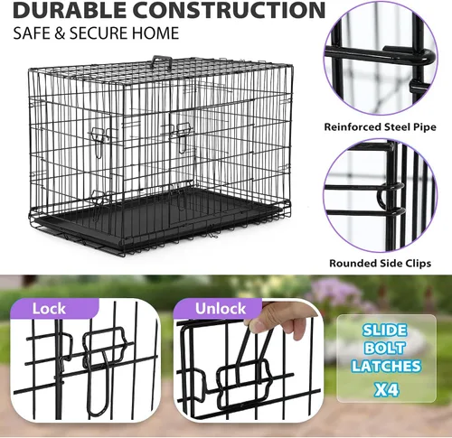 Miniatura 4 de BestPet Jaula para perros 30 pulgadas Negro Perrera de metal plegable con puertas dobles, pestillos seguros de perno deslizante, bandeja a