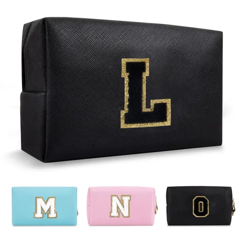 Miniatura 304 de Pequeña bolsa de maquillaje personalizada con inicial A-Z Preppy Patch, bolsa de cosméticos de viaje de felpilla blanca con cremallera, bonita bolsa