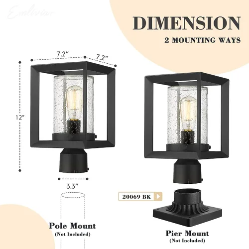Miniatura 5 de Emliviar Luces de Poste Accesorio para Exteriores, Farol de Poste de 1 Luz, Acabado Negro, Vidrio Granulado, 2083P BK