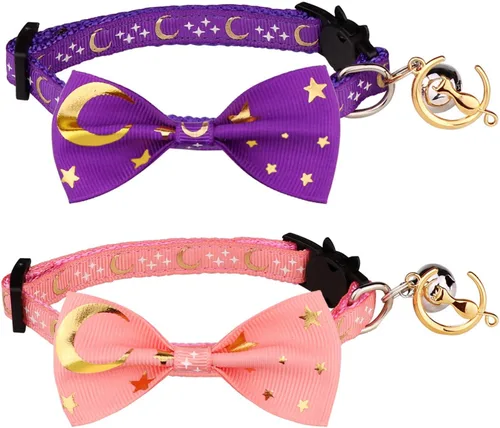 Miniatura 8 de 2 collares de gato con pajarita y campana, luna dorada y estrella brillante en la oscuridad para gatito (negro y rosa)