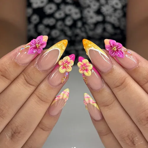 Miniatura 19 de Uñas postizas medianas a presión de almendra, con lazo 3D, perlas y diamantes de imitación, diseños de flores, uñas adhesivas, uñas acrílicas