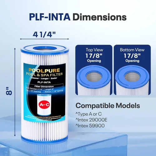 Miniatura 2 de POOLPURE Filtro de piscina tipo A o C / III que reemplaza a Intex 29000E/59900E/#29003E, bomba de filtro 1000/1500/530 GPH, C-4607, funículo, fácil