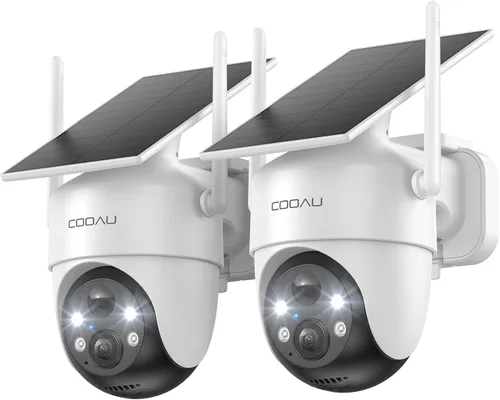 Cámaras COOAU para seguridad del hogar, cámaras de seguridad solar de 2K 360° inalámbricas para exteriores, recargables para poca luz, fáciles de 2