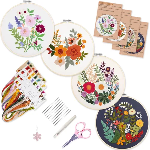 Miniatura 15 de Bonroy 4 juegos de kit de bordado para principiantes de manualidades artísticas de costura fácil incluye ropa de bordado con patrón, aro, manual
