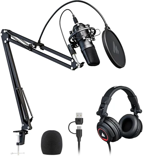 MAONO Micrófono con juego de auriculares de estudio, condensador vocal de 192 kHz/24 bits, micrófono cardioide para podcast compatible con Mac y