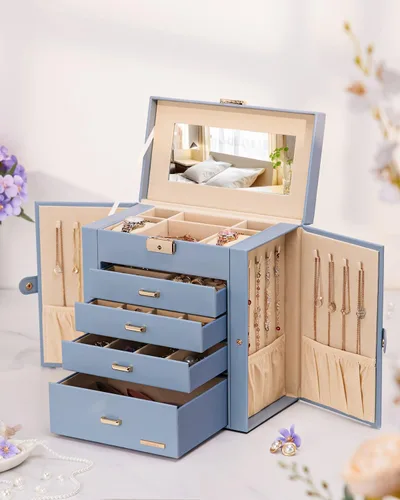 Miniatura 44 de Homde Regalos de Navidad de cuero sintético, enorme joyero, organizador de reloj con espejo, collar, anillo y aretes, estuche de regalo con Dorado