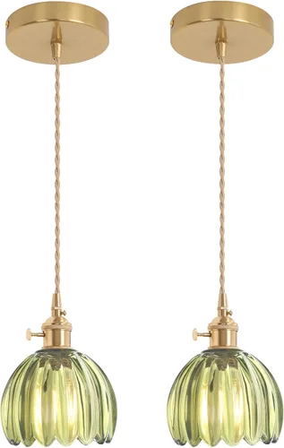 Miniatura 45 de Shenmoyl Lámpara colgante con pantalla de vidrio transparente a rayas, luz colgante vintage de latón, luz colgante ajustable para cocina, isla