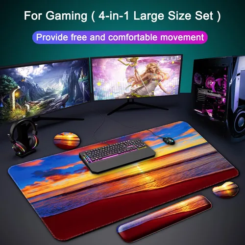 Miniatura 8 de Reposamuñecas para teclado + alfombrilla para mouse con soporte para muñeca + alfombrilla de escritorio + posavasos 4 en 1, alfombrilla de mouse XXL