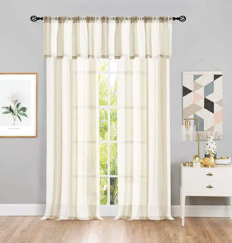 Miniatura 2 de Central Park Cortinas Transparentes de Rayas Beige y Blancas Estilo Granja de Lino Bouclé, Pares de Paneles de Cortina de Ventana Tejidos con Hilo