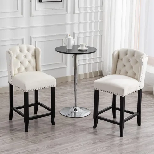 Miniatura 7 de LukeAlon Juego de 2 taburetes de bar clásicos de terciopelo de 30 pulgadas, sillas de bar altas con respaldo de alas con botones y patas de madera