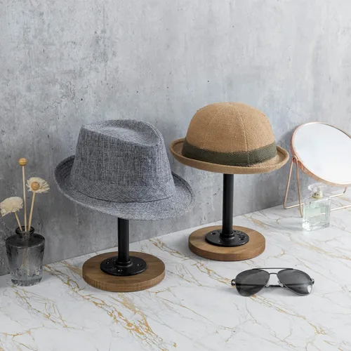 Miniatura 3 de MyGift 2 soportes para sombreros, perchero para sombreros de vaquero, organizador de gorra de béisbol con tubo de metal industrial, peluca o Madera