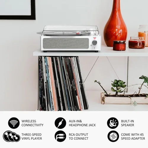 Miniatura 5 de Reproductor de discos de vinilo con altavoces, tocadiscos con transmisión por correa, soporte de mesa, 3 velocidades, 3 tamaños, reproducción Blanco