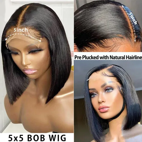 Miniatura 3 de Karlami Peluca de cabello humano Bob de 8 pulgadas, sin pegamento, 5 x 5 HD, con cierre de encaje, pelucas de cabello humano prearrancadas HD