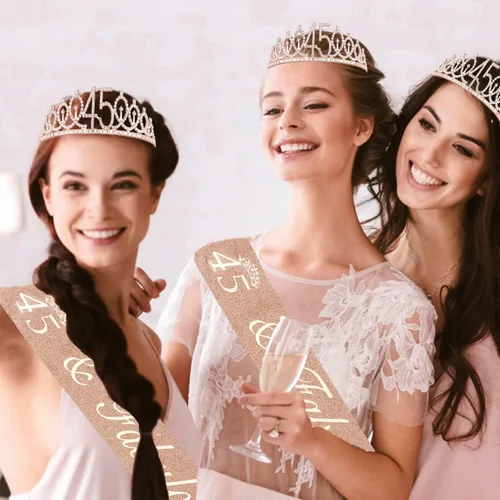 Miniatura 7 de Decoraciones de cumpleaños número 45 para mujeres, incluyendo banda de cumpleaños y tiara, decoración de pastel y velas, regalos de 45 años