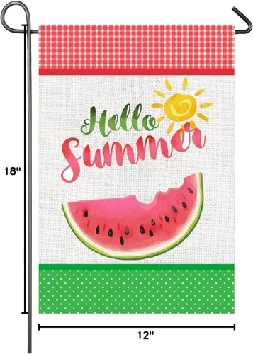 Miniatura 10 de Bandera de jardín de verano de 12 x 18 pulgadas, bandera de jardín de sandía de doble cara, bandera de arpillera a cuadros, banderas de verano