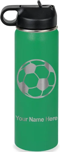 Miniatura 38 de LaserGram Botella de agua personalizada, pelota de fútbol, acero inoxidable de doble pared aislada al vacío con popote superior, regalo grabado