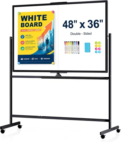 Pizarra Blanca Rodante Grande de 48" X 36", Rotación de 360° Pizarra Blanca Magnética con Soporte, Caballete de Pizarra Blanca de Doble Cara sobre