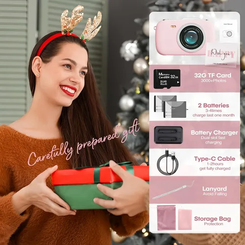 Miniatura 8 de Cámara digital rosa 5K para fotografía, cámara de vlogging portátil UHD de 80 MP, cámara de punto de viaje y disparo con zoom 18X con tarjeta TF