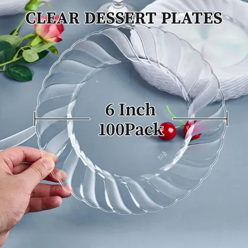 Miniatura 4 de FOCUSLINE 100 unidades de platos de plástico transparente de 6 pulgadas, platos desechables de plástico duro premium para ensalada y postre - Platos