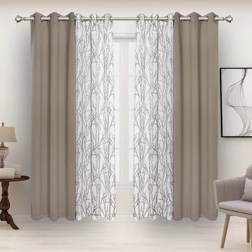 Miniatura 22 de BONZER Cortinas para Mezclar y Combinar - 2 Piezas de Cortinas Transparentes con Estampado de Ramas y 2 Piezas de Cortinas Opacas para Dormitorio