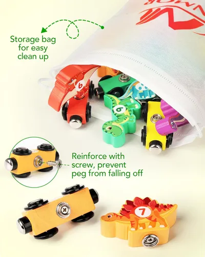 Miniatura 5 de Vanmor Juego de tren de dinosaurio de madera para niños pequeños, juguetes magnéticos de dinosaurios y tren de números, perfecto para actividades