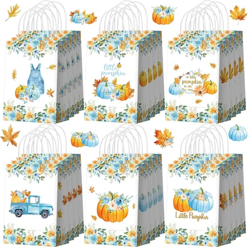 Glenmal 24 bolsas de regalo de calabaza de otoño a granel A Little Pumpkin para fiesta, bolsas de dulces, decoraciones de fiesta de cumpleaños para