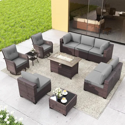 Miniatura 28 de Gotland Juego de muebles de patio de 8 piezas con mesa con fogón, muebles de ratán para exteriores para todo tipo de clima con respaldo alto de 2