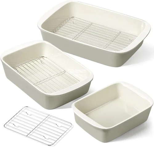 Miniatura 10 de LE TAUCI Fuentes Hondas para Horno, Juego de Fuentes de Cerámica para Hornear de 13.7"x9.6" con Rejillas para Asar, Moldes Grandes para Lasaña