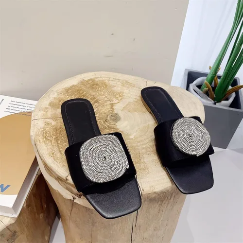 Miniatura 4 de ORNVEION Sandalias planas cuadradas con diamantes de imitación para mujer, sandalias de playa con purpurina de satén de cristal, sandalias de playa