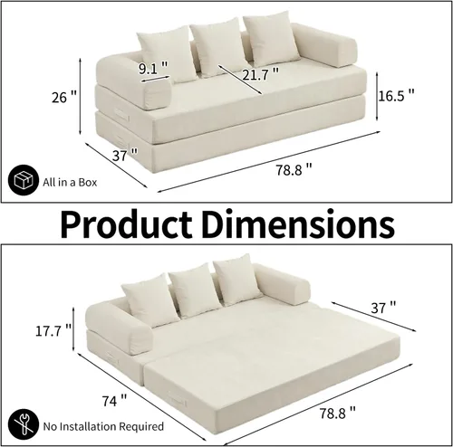 Miniatura 2 de Sofá de compresión, sofá cama convertible, sofá modular con almohada, cómodo sofá de tela de felpilla con espuma viscoelástica, sofá de piso