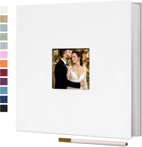 Vienrose - Álbum de fotos grande autoadhesivo para fotos 4x6 8x10, álbum de recortes de lino DIY, 40 páginas en blanco con un bolígrafo metálico
