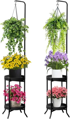 Miniatura 7 de RINBOU Soporte para plantas colgantes para interiores y exteriores, estante esquinero de metal para 3 macetas, 2 niveles de 61 pulgadas de alto