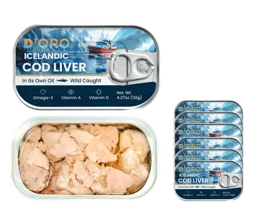 Miniatura 9 de D'ORO Hígado de bacalao islandés prémium en aceite – Delicia gourmet capturada en la naturaleza, rica en omega-3 y vitamina D 4.27 oz (121 gr) 3