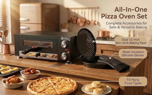 Miniatura 6 de Horno eléctrico para pizza en interiores, máquina de pizza de encimera de 12 pulgadas con ventana de visión, horno de pizza comercial de acero Negro