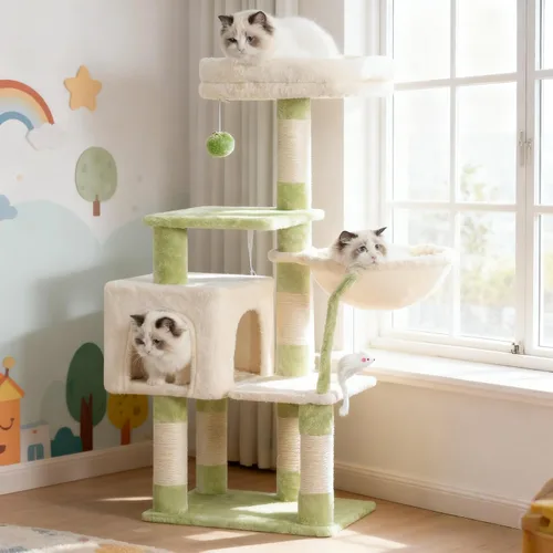 Miniatura 12 de Heybly Poste rascador para gatos, torre de árbol pequeño para gatos con 3 postes de sisal completos, cama de felpa extraíble, cepillo de aseo