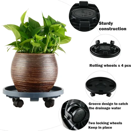 Miniatura 2 de Paquete de 3 organizadores grandes para plantas con ruedas de 13 pulgadas, soportes rodantes para plantas de plástico resistente, base rodante