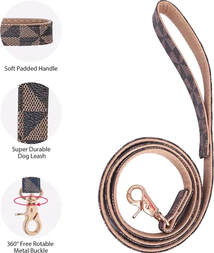 Miniatura 5 de Collar de cuero para perro y correa de 4 pies, collar básico ajustable con patrón de campana a cuadros, collar y correa de cuero duradero con Marrón