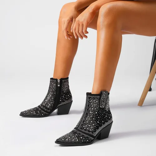 Miniatura 4 de ISNOM Rhinestone Cowboy Boots Sparkly Ankle Boots with Pointed Toe and Chunky Heel Design