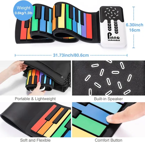 Miniatura 5 de POGOLAB Piano de teclado enrollable de 49 teclas, teclado plegable eléctrico digital portátil, recargable, 8 tonos, 6 canciones de demostración Arco