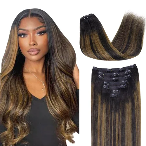 Miniatura 56 de Lashey - Extensiones de cabello con clip sin costuras, de cabello humano real, 7 unidades, 110 g, 14 pulgadas, color negro natural, lacio