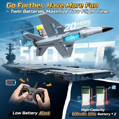 Miniatura 6 de DEERC Avión RC F18 de 4 canales para adultos, control remoto, avión de combate, 2.4 GHz, estabilizador de giroscopio de 6 ejes, RTF Hobby Glider