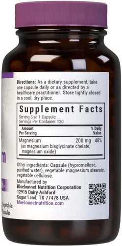 Miniatura 2 de Bluebonnet Nutrition Albion Magnesio Quelado Tamponado 200 mg, Óxido de Magnesio, Alivio del Estrés, Vegano, Sin OGM, Sin Gluten, Sin Soja, Sin