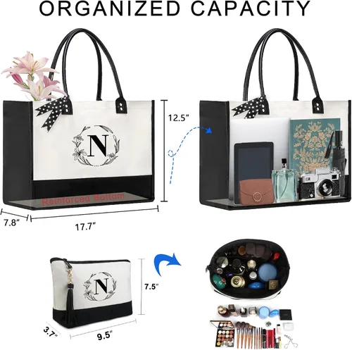 Miniatura 2 de BeeGreen Bolsas de lona con inicial, regalo de cumpleaños personalizado para mujeres, amigas, madre, mamá, bolsas de monograma bordadas con asa